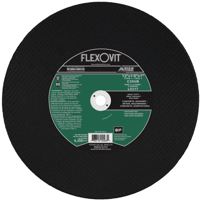 FLEXOVIT - 12" X 1/8" X 1" HIGH PERFORMANCE™ 30 GRIT SILICON CARBIDE GRAIN REINFORCED TYPE 1 CUT-OFF WHEEL - L5317