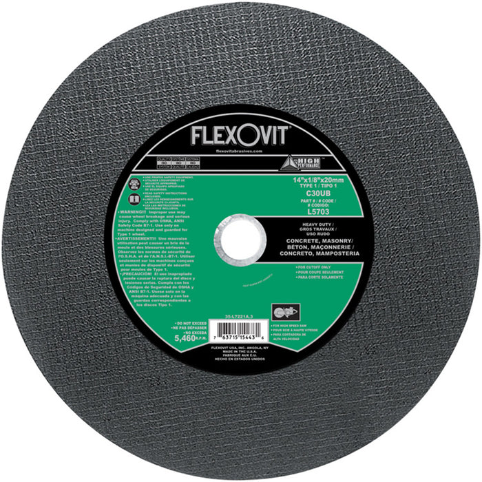 FLEXOVIT - 14" X 1/8" X 20 MM HIGH PERFORMANCE™ 30 GRIT SILICON CARBIDE GRAIN REINFORCED TYPE 1 CUT-OFF WHEEL - L5703