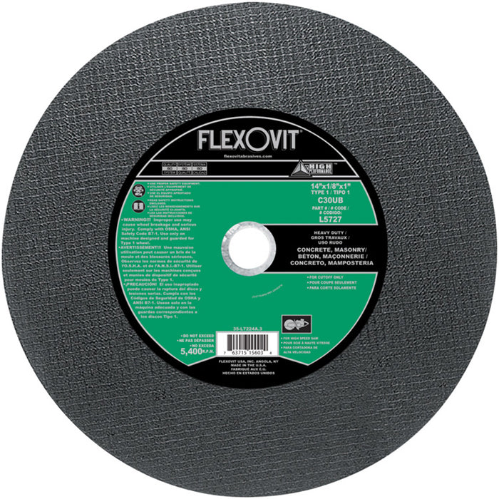 FLEXOVIT - 14" X 1/8" X 1" HIGH PERFORMANCE™ 30 GRIT SILICON CARBIDE GRAIN REINFORCED TYPE 1 CUT-OFF WHEEL - L5727
