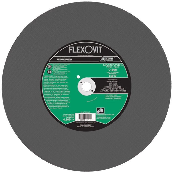 FLEXOVIT - 14" X 3/16" X 1" HIGH PERFORMANCE™ 16 GRIT SILICON CARBIDE GRAIN REINFORCED TYPE 1 CUT-OFF WHEEL - L6017
