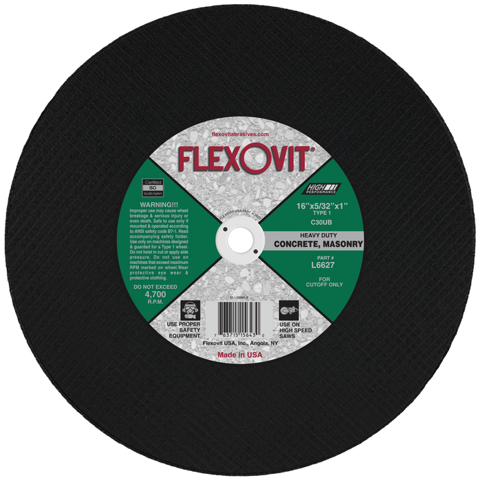 FLEXOVIT - 16" X 5/32" X 1" HIGH PERFORMANCE™ 30 GRIT SILICON CARBIDE GRAIN REINFORCED TYPE 1 CUT-OFF WHEEL - L6627