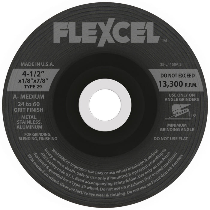 FLEXOVIT - 4-1/2" X 1/8" X 5/8" - 11 FLEXCEL™ 24- GRIT ALUMINUM OXIDE GRAIN REINFORCED TYPE 29 SPIN-ON SEMI-FLEXIBLE GRINDING WHEEL - S6700H