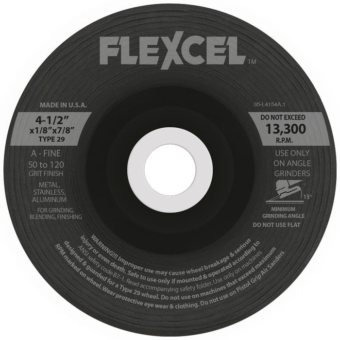 FLEXOVIT - 4-1/2" X 1/8" X 7/8" FLEXCEL™ 50- GRIT ALUMINUM OXIDE GRAIN REINFORCED TYPE 29 SEMI-FLEXIBLE GRINDING WHEEL - S6740