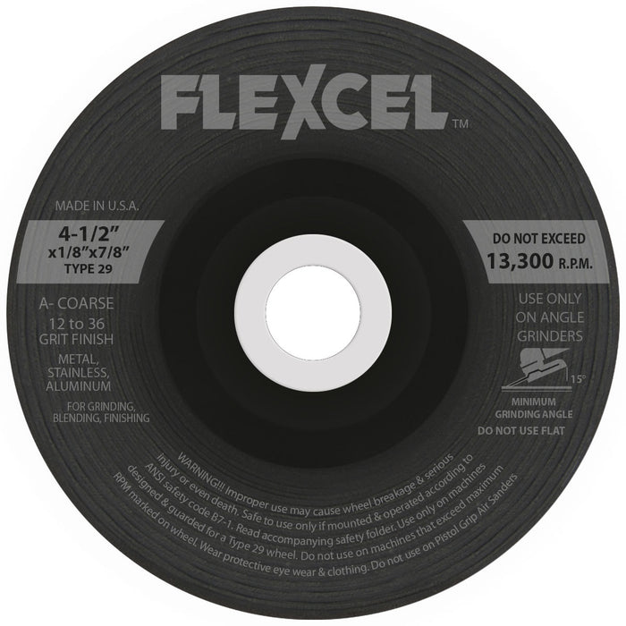 FLEXOVIT - 4-1/2" X 1/8" X 7/8" FLEXCEL™ 50- GRIT ALUMINUM OXIDE GRAIN REINFORCED TYPE 29 SEMI-FLEXIBLE GRINDING WHEEL - S6790