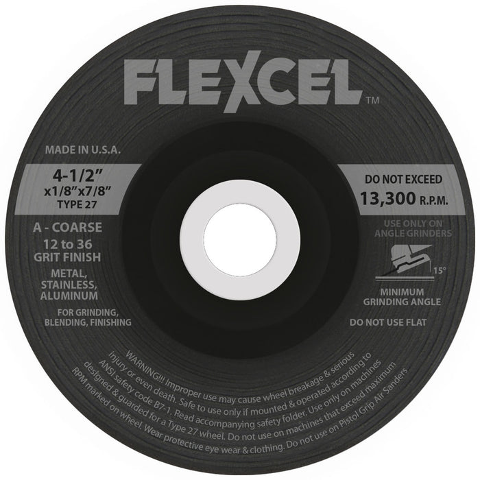 FLEXOVIT - 4-1/2" X 1/8" X 5/8" - 11 FLEXCEL™ 12- GRIT ALUMINUM OXIDE GRAIN REINFORCED TYPE 27 SPIN-ON SEMI-FLEXIBLE GRINDING WHEEL - S6880H
