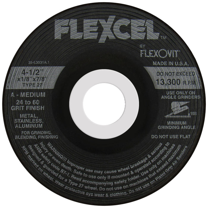 FLEXOVIT - 4-1/2" X 1/8" X 5/8" - 11 FLEXCEL™ 24- GRIT ALUMINUM OXIDE GRAIN REINFORCED TYPE 27 SPIN-ON SEMI-FLEXIBLE GRINDING WHEEL - S6900H