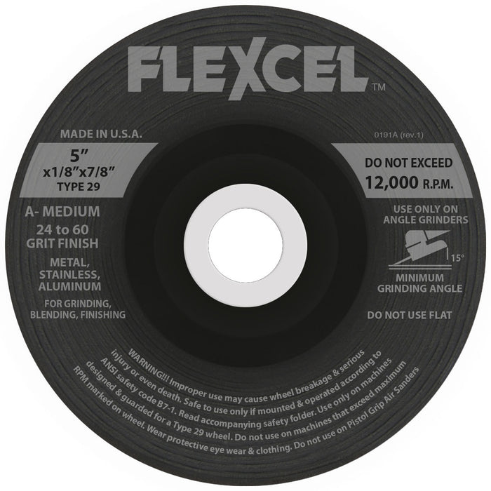 FLEXOVIT - 5" X 1/8" X 7/8" FLEXCEL™ 24- GRIT ALUMINUM OXIDE GRAIN REINFORCED TYPE 29 SEMI-FLEXIBLE GRINDING WHEEL - S7200