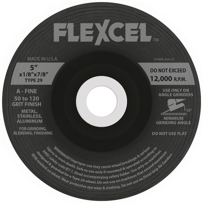 FLEXOVIT - 5" X 1/8" X 7/8" FLEXCEL™ 50- GRIT ALUMINUM OXIDE GRAIN REINFORCED TYPE 29 SEMI-FLEXIBLE GRINDING WHEEL - S7220