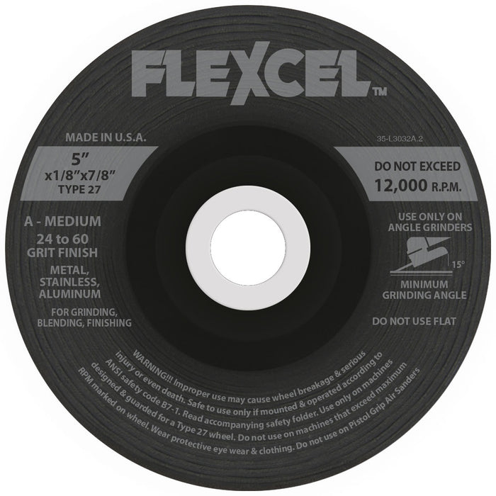 FLEXOVIT - 5" X 1/8" X 5/8" - 11 FLEXCEL™ 24- GRIT ALUMINUM OXIDE GRAIN REINFORCED TYPE 27 SPIN-ON SEMI-FLEXIBLE GRINDING WHEEL - S7400H