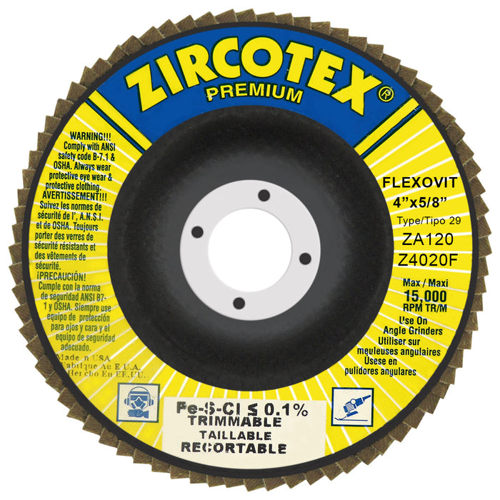 FLEXOVIT - ZIRCOTEX® 4" X 5/8"  120 GRIT TYPE 29 FLAP DISC - Z4020F
