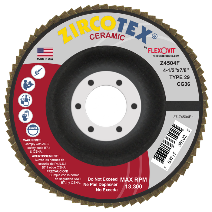 FLEXOVIT - ZIRCOTEX® CERAMIC 4-1/2" X 5/8"-11  36 GRIT TYPE 29 SPIN-ON FLAP DISC - Z4504FH