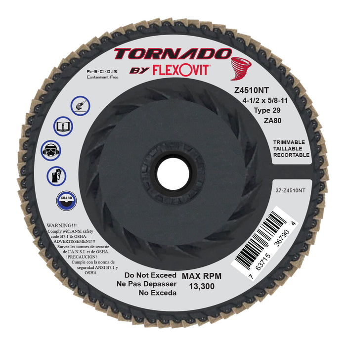FLEXOVIT - TORNADO® 4-1/2" X 5/8"-11  80 GRIT TYPE 29 SPIN-ON FLAP DISC - Z4510NT
