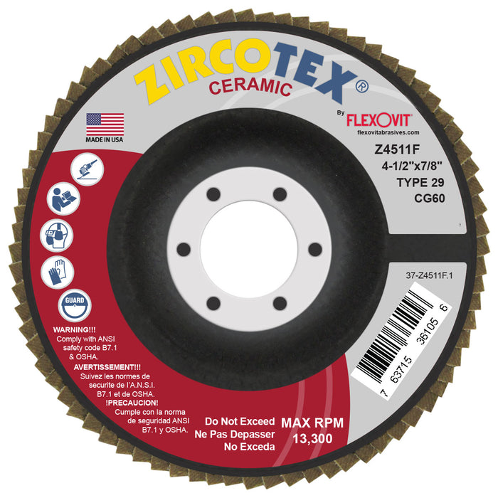FLEXOVIT - ZIRCOTEX® CERAMIC 4-1/2" X 7/8"  60 GRIT TYPE 29 FLAP DISC - Z4511F
