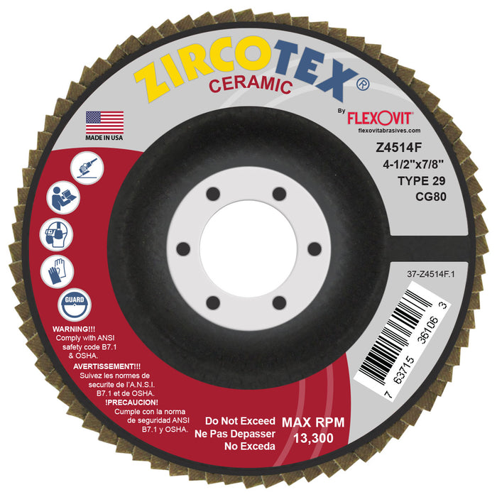FLEXOVIT - ZIRCOTEX® CERAMIC 4-1/2" X 7/8"  80 GRIT TYPE 29 FLAP DISC - Z4514F