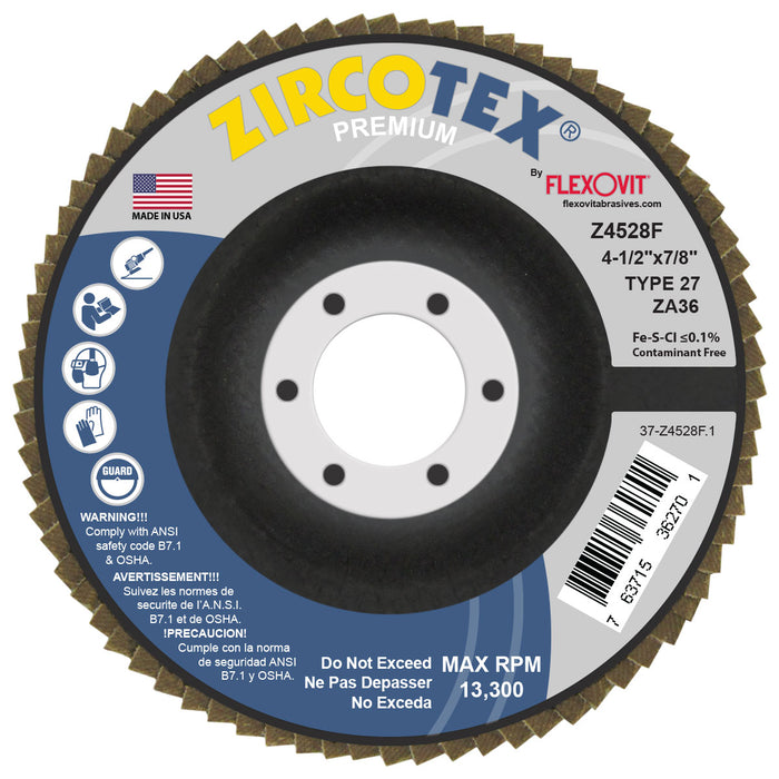 FLEXOVIT - ZIRCOTEX® 4-1/2" X 7/8"  36 GRIT TYPE 27 FLAP DISC - Z4528F