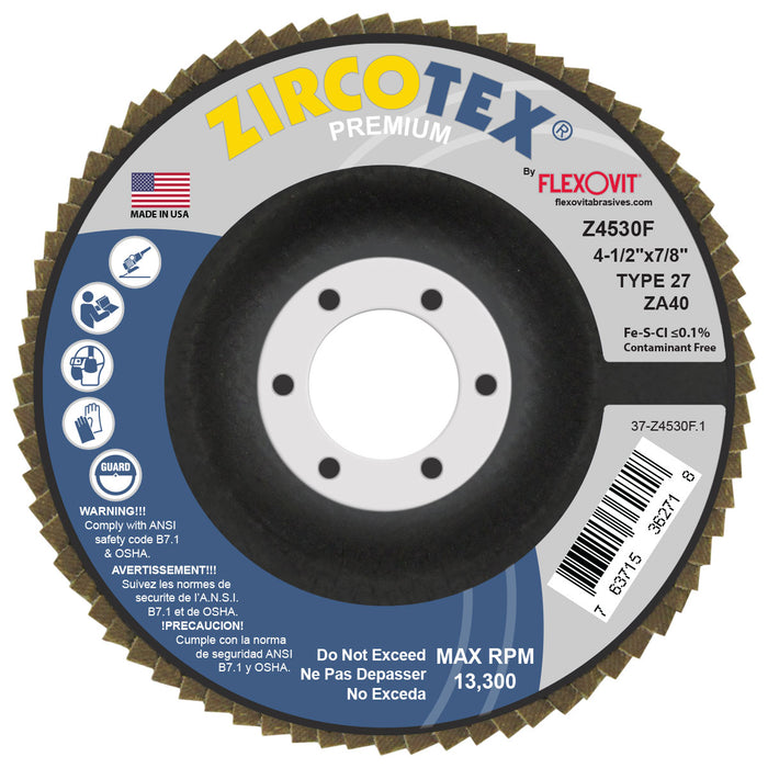 FLEXOVIT - ZIRCOTEX® 4-1/2" X 7/8"  40 GRIT TYPE 27 FLAP DISC - Z4530F