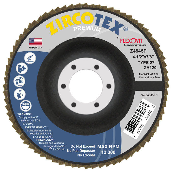 FLEXOVIT - ZIRCOTEX® 4-1/2" X 7/8"  120 GRIT TYPE 27 FLAP DISC - Z4545F