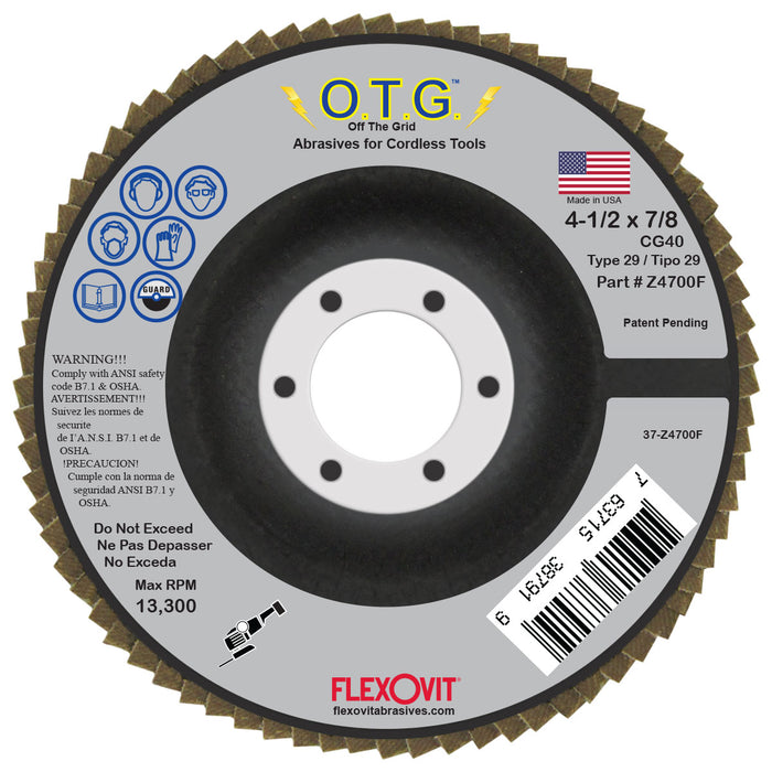FLEXOVIT - OFF THE GRID FLAP DISC CG40 CERAMIC GRAIN FIBERGLASS BACKING PLATE TYPE 29 4-1/2X7/8 - Z4700F