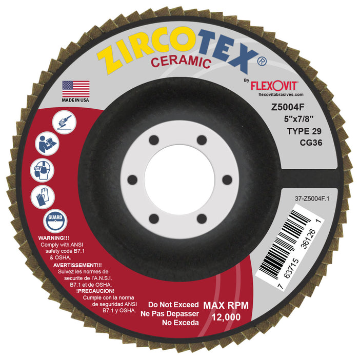FLEXOVIT - ZIRCOTEX® CERAMIC 5" X 7/8"  36 GRIT TYPE 29 FLAP DISC - Z5004F