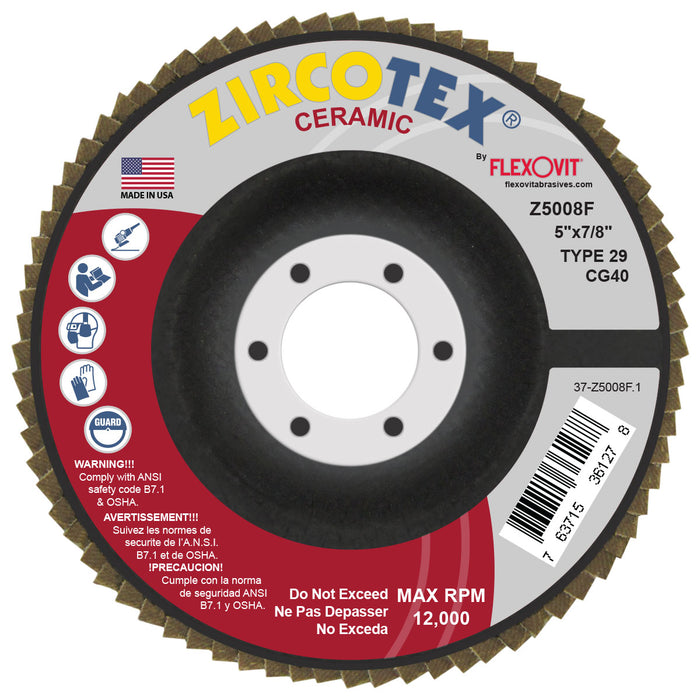 FLEXOVIT - ZIRCOTEX® CERAMIC 5" X 7/8"  40 GRIT TYPE 29 FLAP DISC - Z5008F