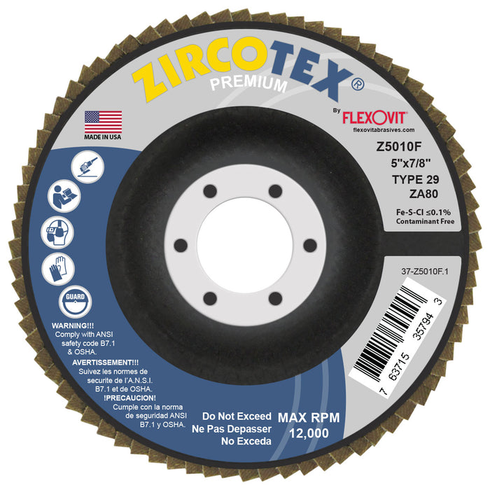 FLEXOVIT - ZIRCOTEX® 5" X 7/8"  80 GRIT TYPE 29 FLAP DISC - Z5010F
