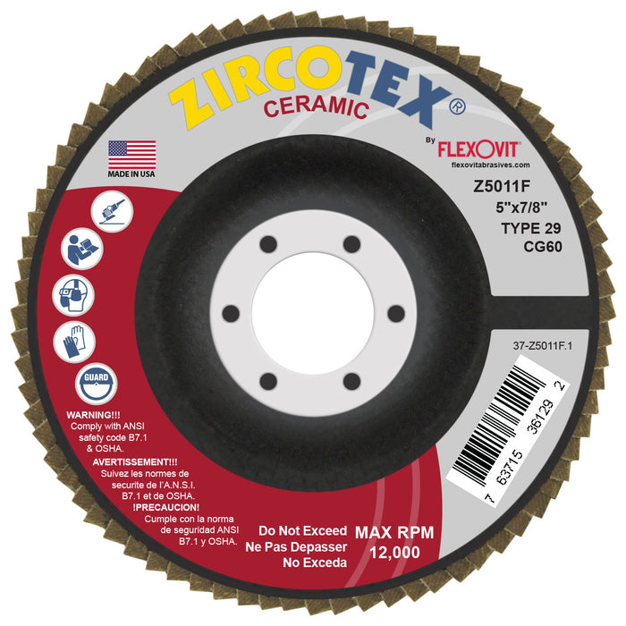 FLEXOVIT - ZIRCOTEX® CERAMIC 5" X 5/8"-11  60 GRIT TYPE 29 SPIN-ON FLAP DISC - Z5011FH
