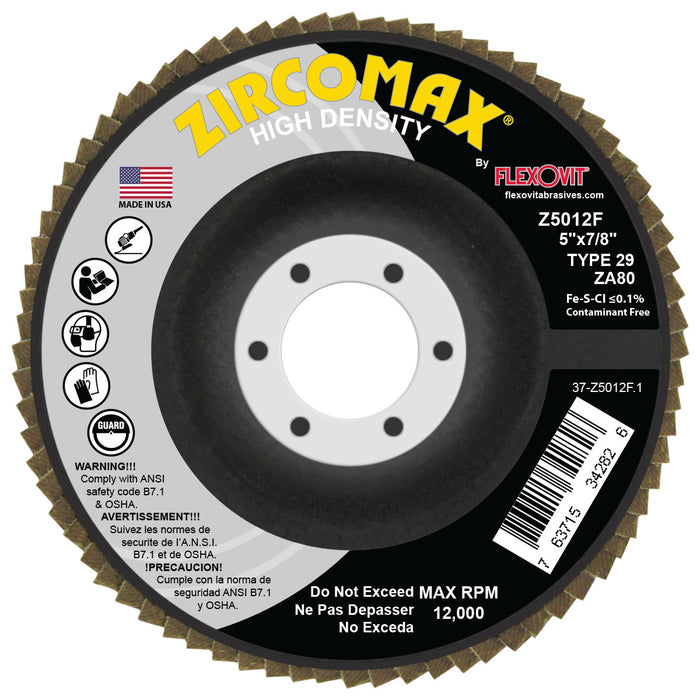 FLEXOVIT - ZIRCOMAX® 5" X 7/8"  80 GRIT TYPE 29 FLAP DISC - Z5012F