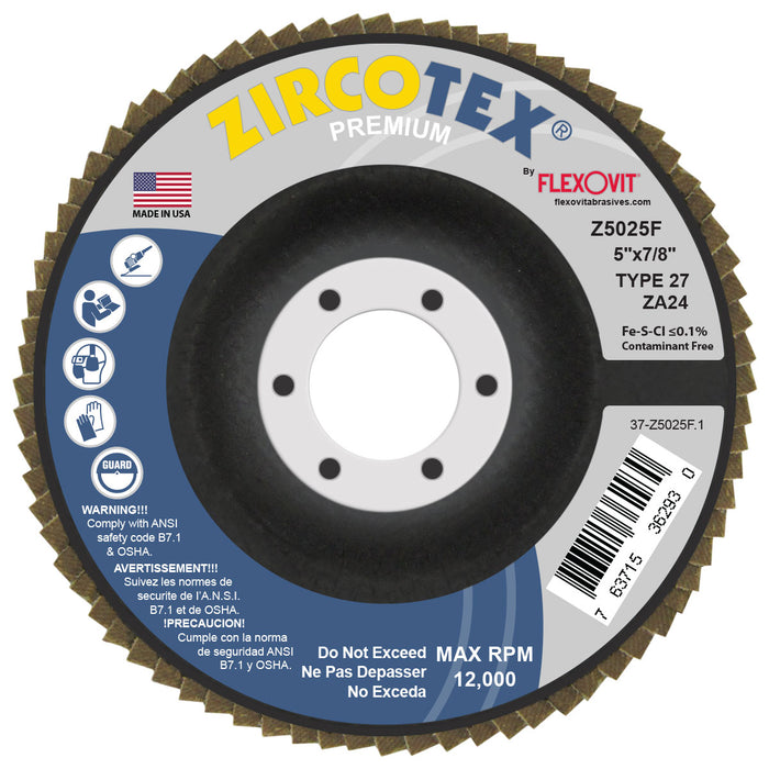 FLEXOVIT - ZIRCOTEX FLAP DISC ZA24 ZIRCONIA GRAIN FIBERGLASS BACKING PLATE TYPE 27 5X7/8 - Z5025F