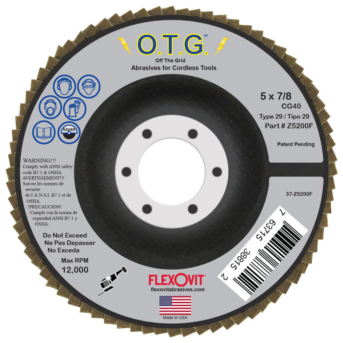 FLEXOVIT - OFF THE GRID FLAP DISC CG40 CERAMIC GRAIN FIBERGLASS BACKING PLATE TYPE 29 5X7/8 - Z5200F