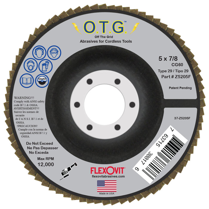 FLEXOVIT - OFF THE GRID FLAP DISC CG60 CERAMIC GRAIN FIBERGLASS BACKING PLATE TYPE 29 5X7/8 - Z5205F
