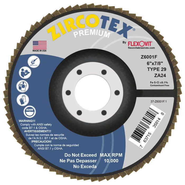 FLEXOVIT - ZIRCOTEX® 6" X 7/8"  24 GRIT TYPE 29 FLAP DISC - Z6001F