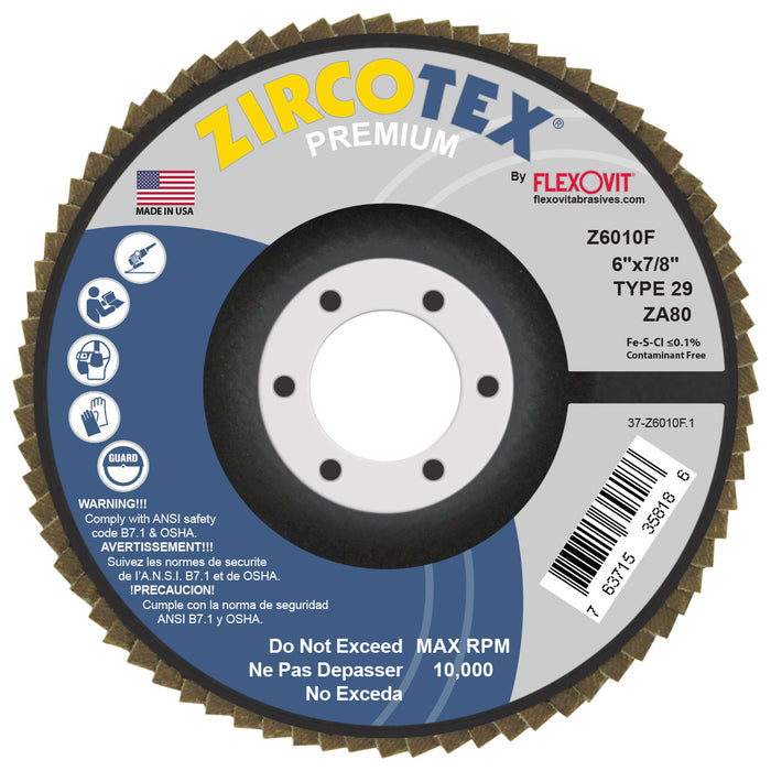 FLEXOVIT - ZIRCOTEX® 6" X 7/8"  80 GRIT TYPE 29 FLAP DISC - Z6010F