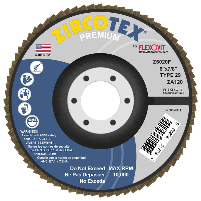 FLEXOVIT - ZIRCOTEX® 6" X 5/8"-11  120 GRIT TYPE 29 SPIN-ON FLAP DISC - Z6020FH
