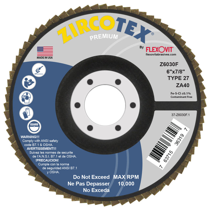 FLEXOVIT - ZIRCOTEX® 6" X 5/8"-11  40 GRIT TYPE 27 SPIN-ON FLAP DISC - Z6030FH