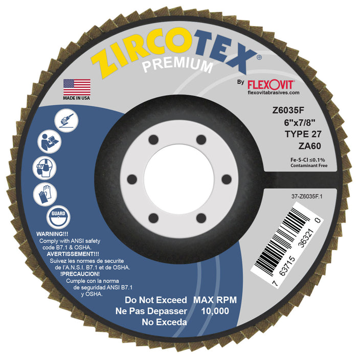 FLEXOVIT - ZIRCOTEX® 6" X 7/8"  60 GRIT TYPE 27 FLAP DISC - Z6035F