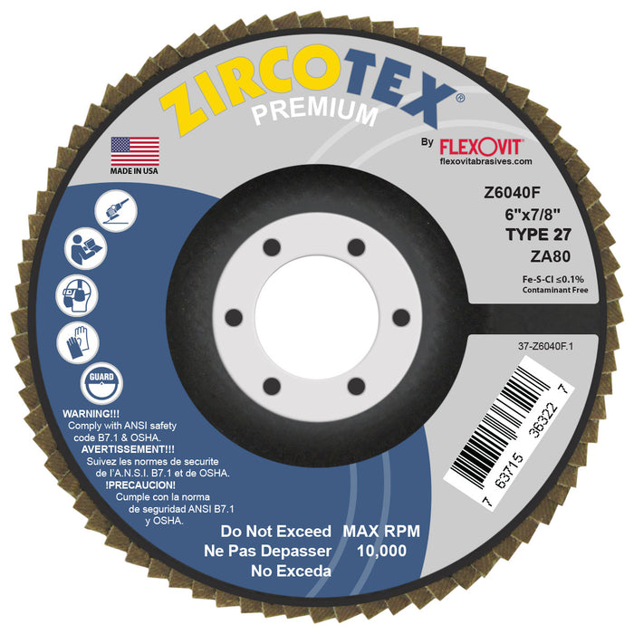 FLEXOVIT - ZIRCOTEX® 6" X 5/8"-11  80 GRIT TYPE 27 SPIN-ON FLAP DISC - Z6040FH