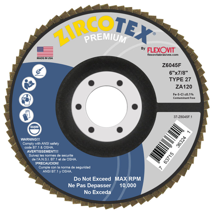 FLEXOVIT - ZIRCOTEX FLAP DISC ZA120 ZIRCONIA GRAIN FIBERGLASS BACKING PLATE TYPE 27 SPIN-ON 6X5/8-11 - Z6045FH