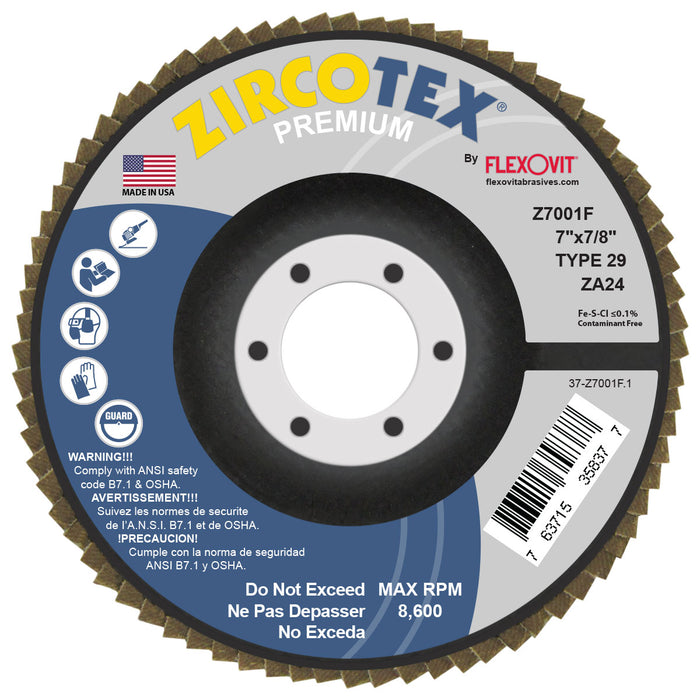 FLEXOVIT - ZIRCOTEX® 7" X 7/8"  24 GRIT TYPE 29 FLAP DISC - Z7001F