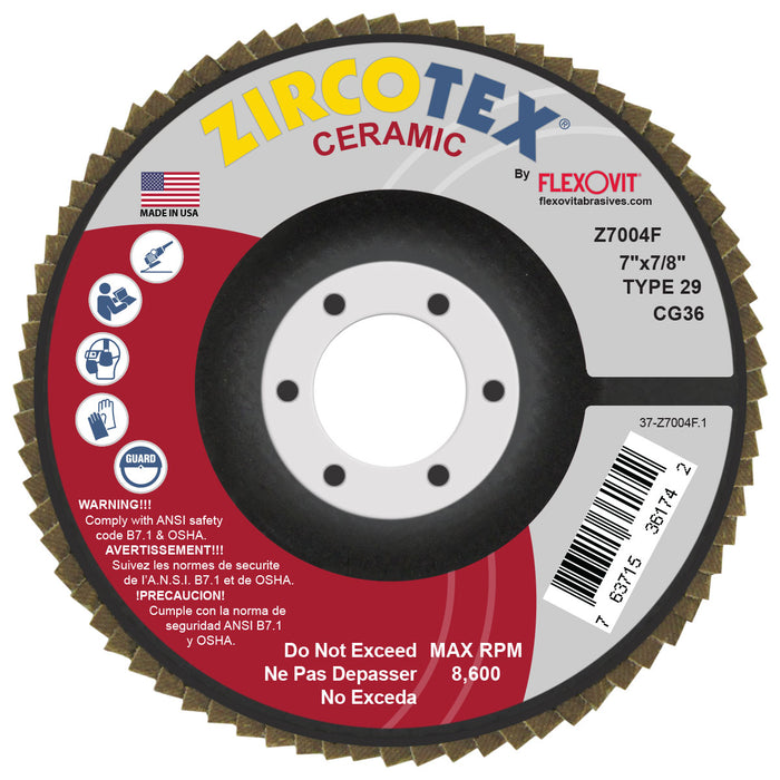 FLEXOVIT - ZIRCOTEX® CERAMIC 7" X 5/8"-11  36 GRIT TYPE 29 SPIN-ON FLAP DISC - Z7004FH