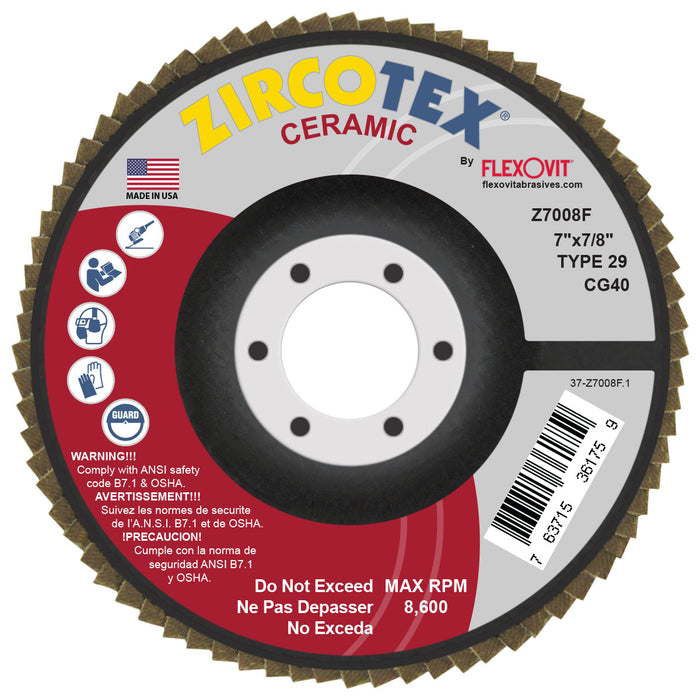 FLEXOVIT - ZIRCOTEX® CERAMIC 7" X 7/8"  40 GRIT TYPE 29 FLAP DISC - Z7008F