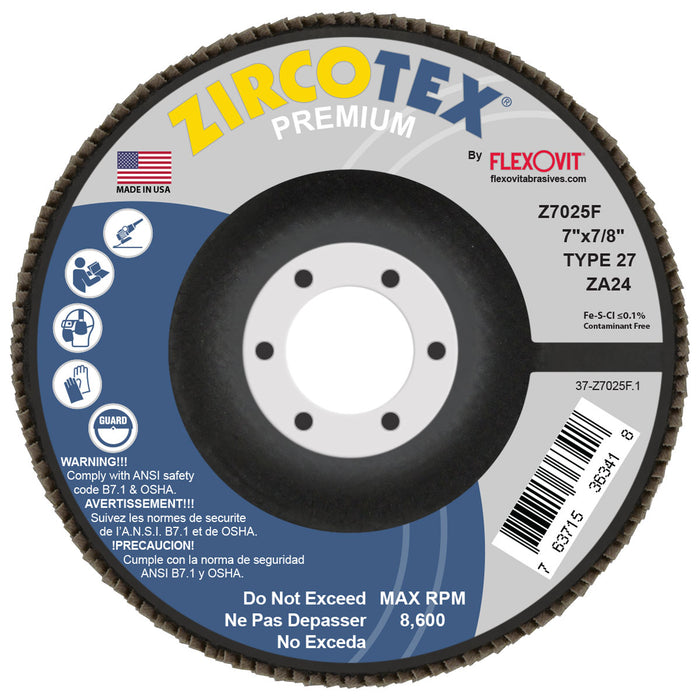 FLEXOVIT - ZIRCOTEX® 7" X 7/8"  24 GRIT TYPE 27 FLAP DISC - Z7025F