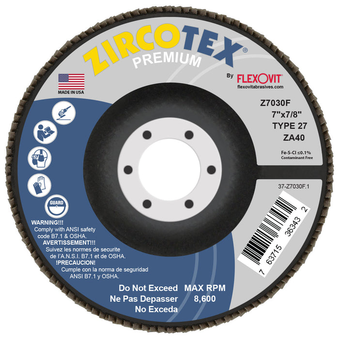 FLEXOVIT - ZIRCOTEX® 7" X 7/8"  40 GRIT TYPE 27 FLAP DISC - Z7030F
