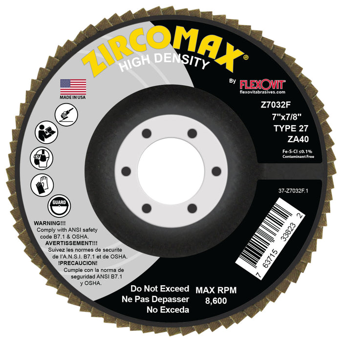 FLEXOVIT - ZIRCOMAX® 7" X 5/8"-11  40 GRIT TYPE 27 SPIN-ON FLAP DISC - Z7032FH