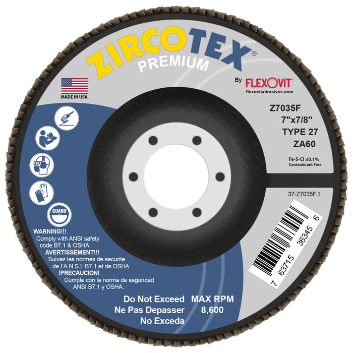 FLEXOVIT - ZIRCOTEX® 7" X 7/8"  60 GRIT TYPE 27 FLAP DISC - Z7035F