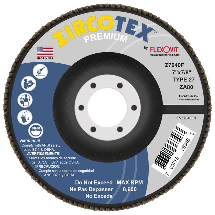FLEXOVIT - ZIRCOTEX® 7" X 7/8"  80 GRIT TYPE 27 FLAP DISC - Z7040F