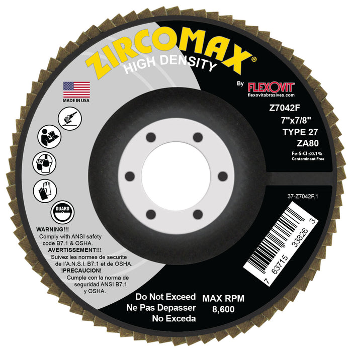 FLEXOVIT - ZIRCOMAX® 7" X 5/8"-11  80 GRIT TYPE 27 SPIN-ON FLAP DISC - Z7042FH