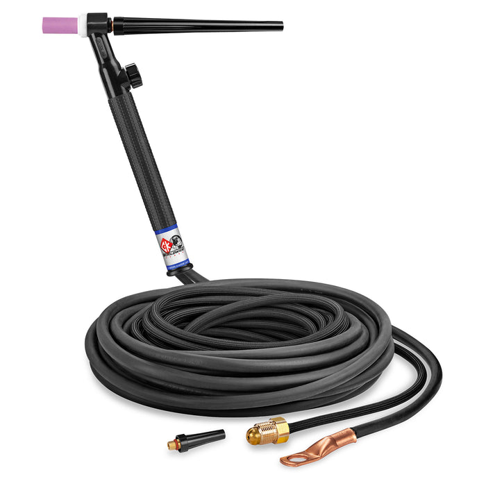 CK WORLDWIDE - 125 AMP RIGID HEAD TIG TORCH WITH VALVE, GAS-COOLED, 25' SUPERFLEX CABLES - CK125VNSF