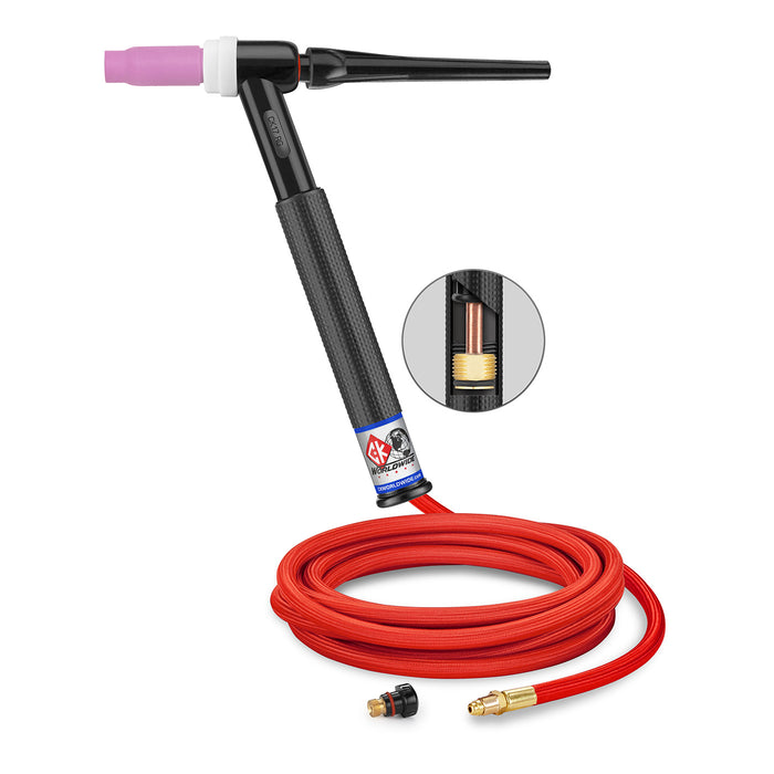 CK WORLDWIDE - 150 AMP RIGID HEAD TIG TORCH WITH VALVE, GAS-COOLED, 12.5' SUPERFLEX CABLES - CK17V-12-2SFRGT