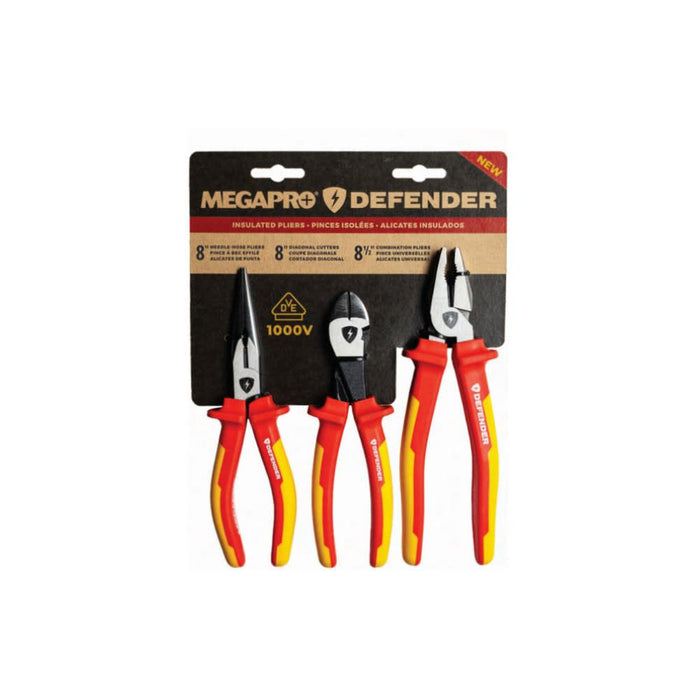 MEGAPRO - VDE CERTIFIED - 3 PACK PLIERS, NEEDLE NOSE, LINESMAN AND SIDE CUTTERS - VDE-3PACK-PLIER-C